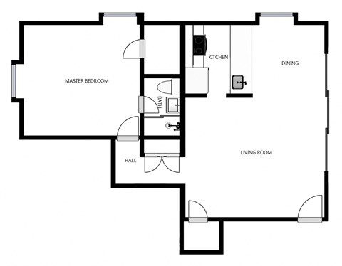 Floor plan for 1 bed, 1 bath, 656 sqft